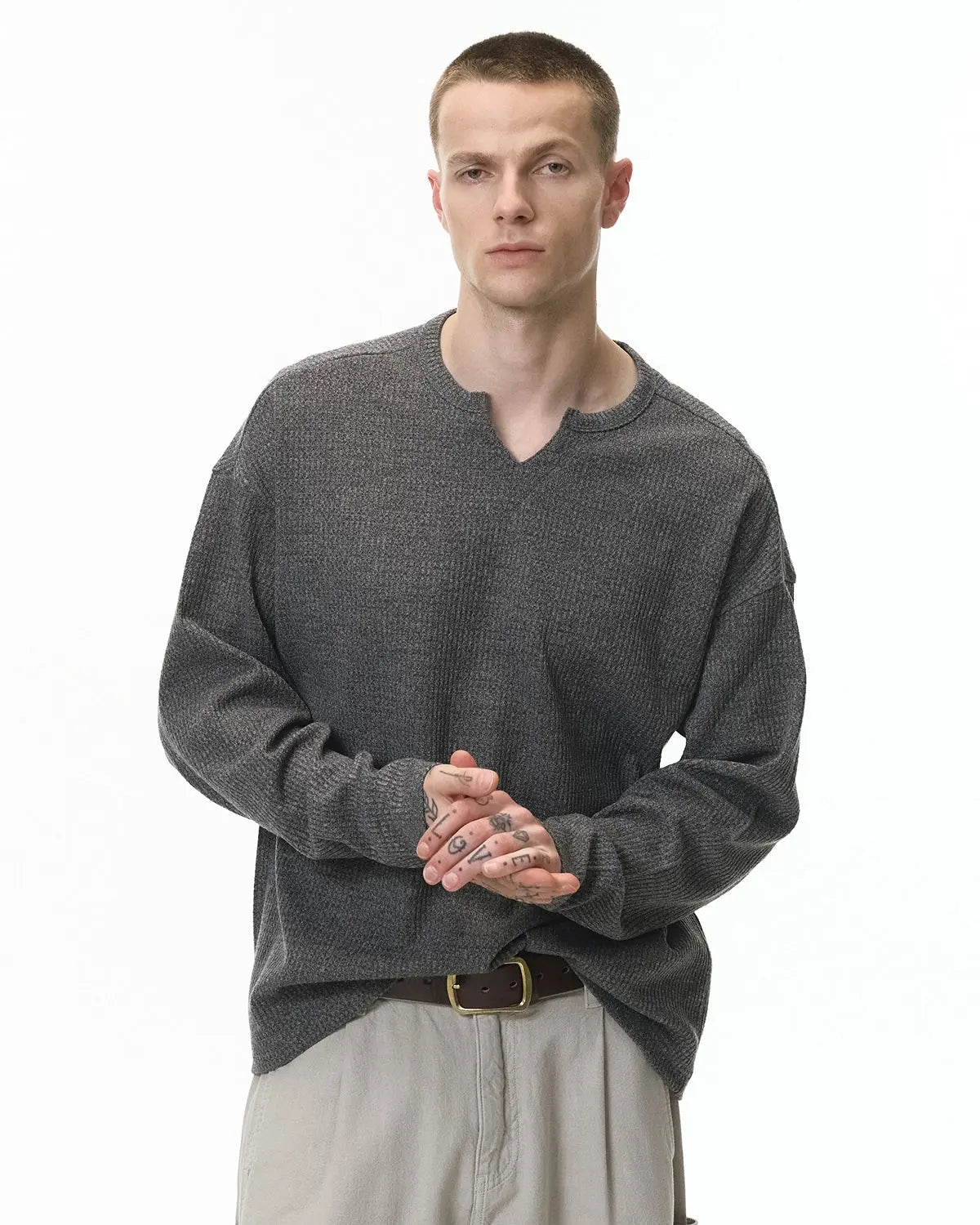 Inflation Streetwear V-neck long sleeve waffle T-shirt in neutral color, showcasing textured fabric and relaxed fit.
