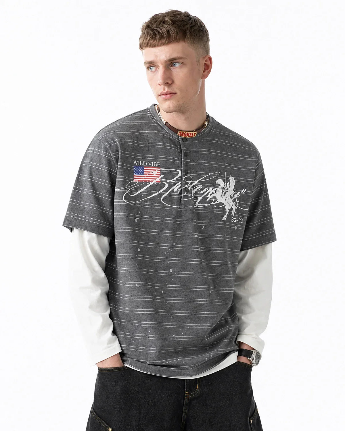Inflation Streetwear layered Henley stripe t-shirt with long sleeves and casual fit, featuring blue and white horizontal stripe pattern.