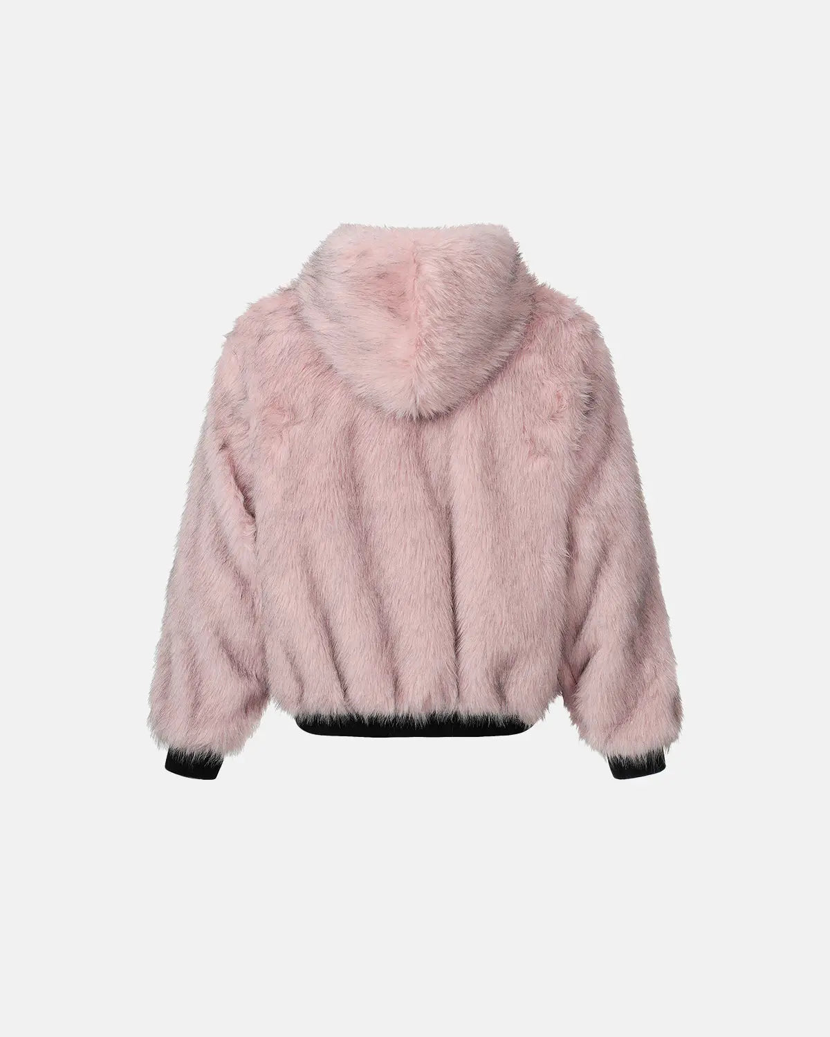 Reversible faux fur hooded jacket by INFLATION, showing both plush furry side and sleek fabric side in a streetwear style.