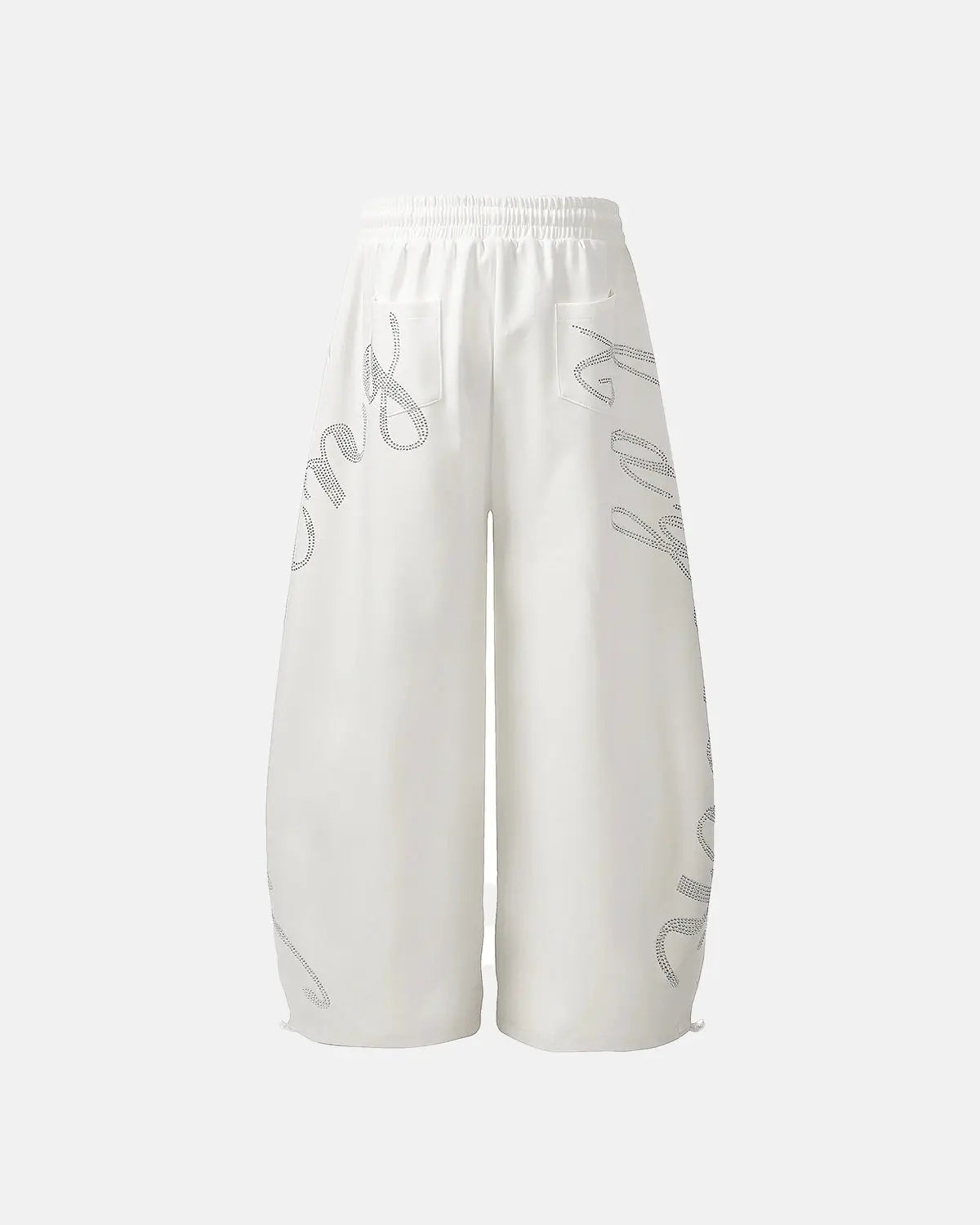Inflation brand rhinestone baggy joggers with sparkling embellishments, casual streetwear style, relaxed fit, and adjustable waistband.