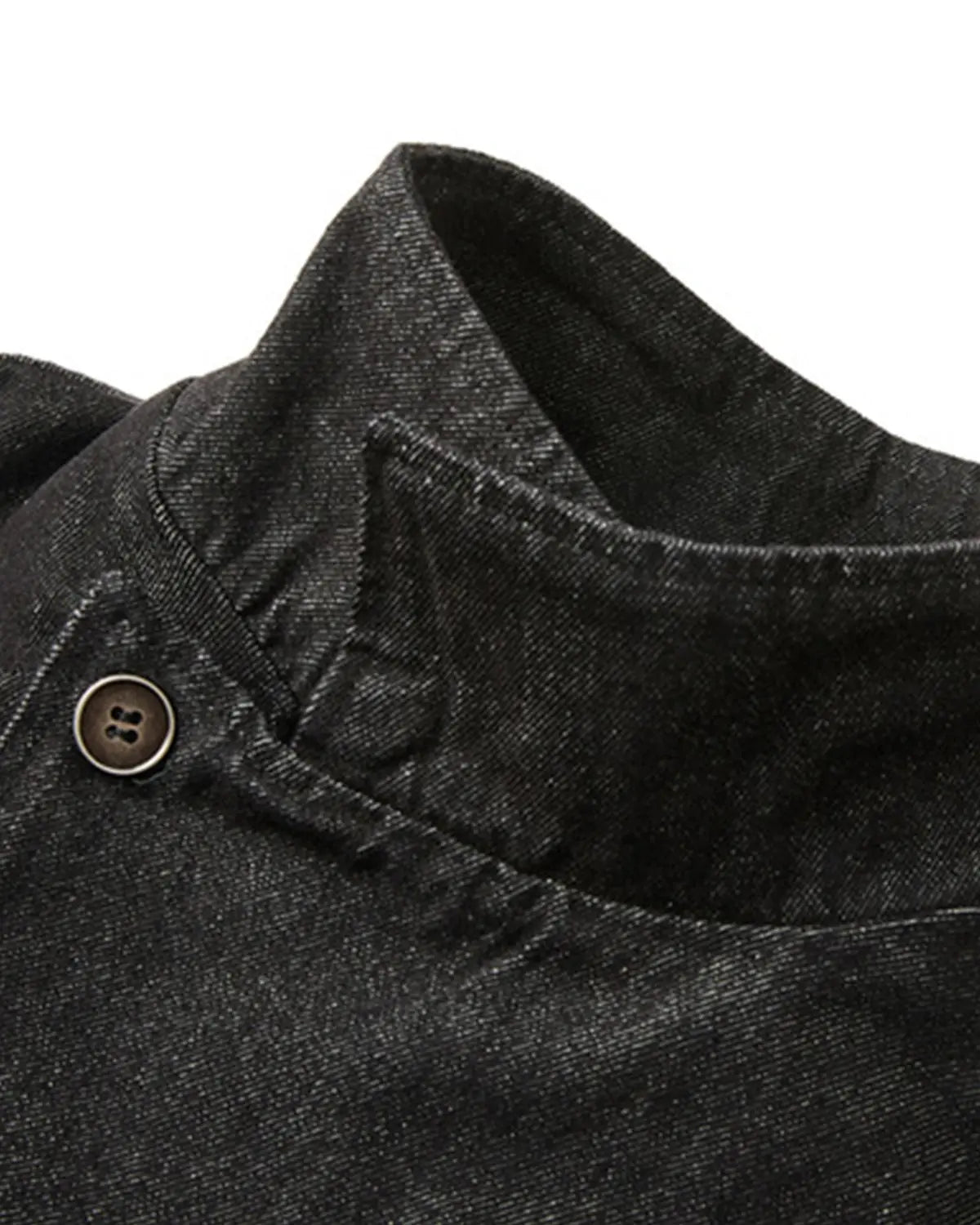 Inflation streetwear cropped asymmetric denim jacket with button details, stylish and casual for modern urban fashion.