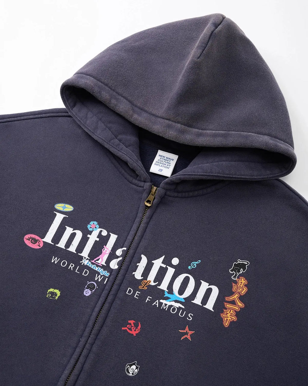 Inflation Streetwear graphic acid washed zip-up hoodie with front pockets and drawstring hood, casual streetwear style.