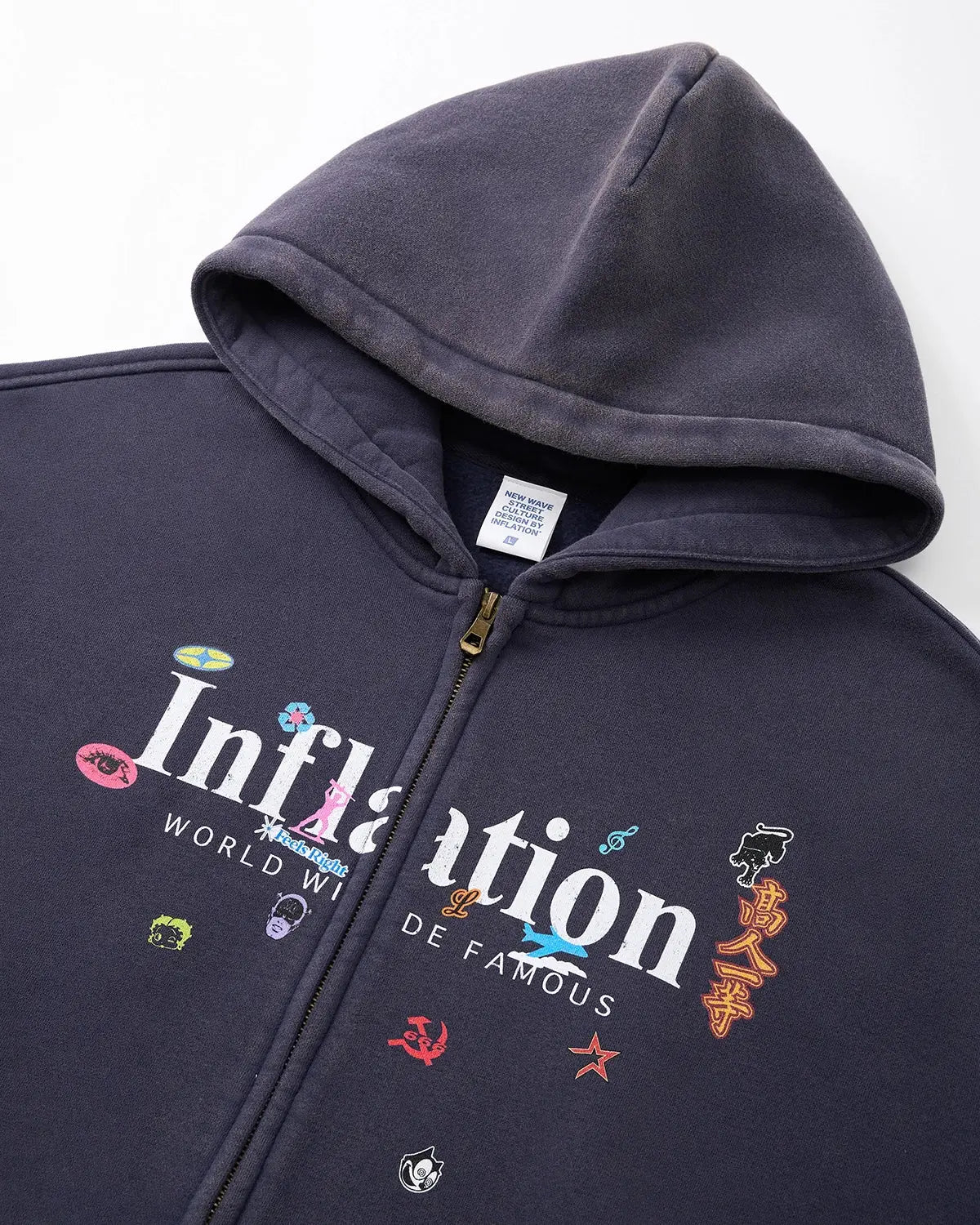 Inflation Streetwear graphic acid washed zip-up hoodie with front pockets and drawstring hood, casual streetwear style.