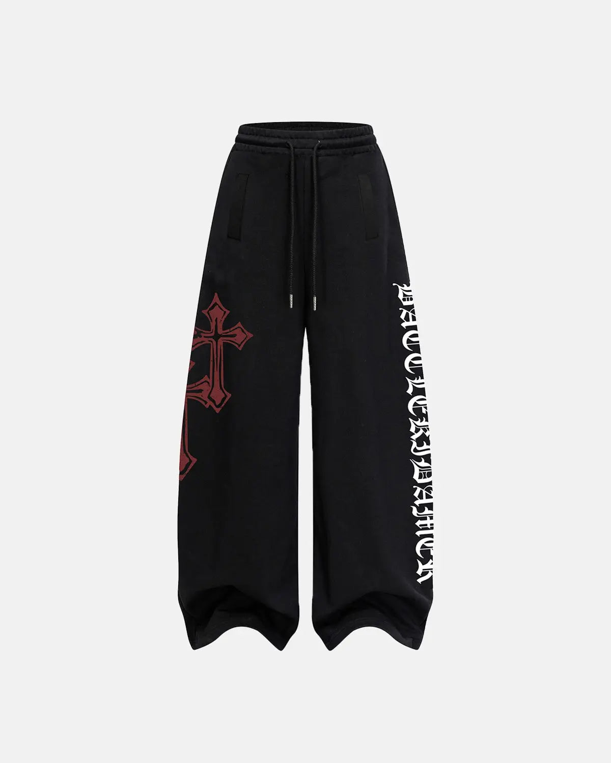 Inflation Streetwear cross print baggy sweatpants with relaxed fit and graphic design, made from comfortable fabric.