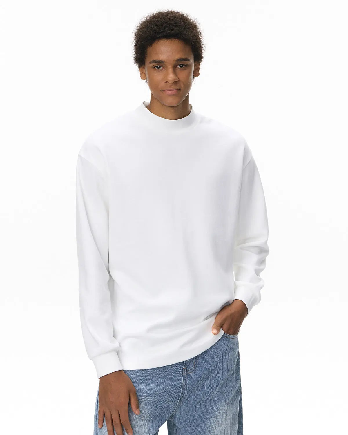 Inflation Soft Touch Mock Neck Sweatshirt in neutral color, showing its smooth fabric and relaxed fit on a hanger.