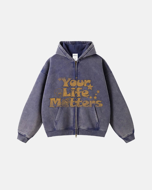 INFLATION "Your Life Matters" washed zip-up hoodie with front pocket and bold printed text, casual streetwear style.