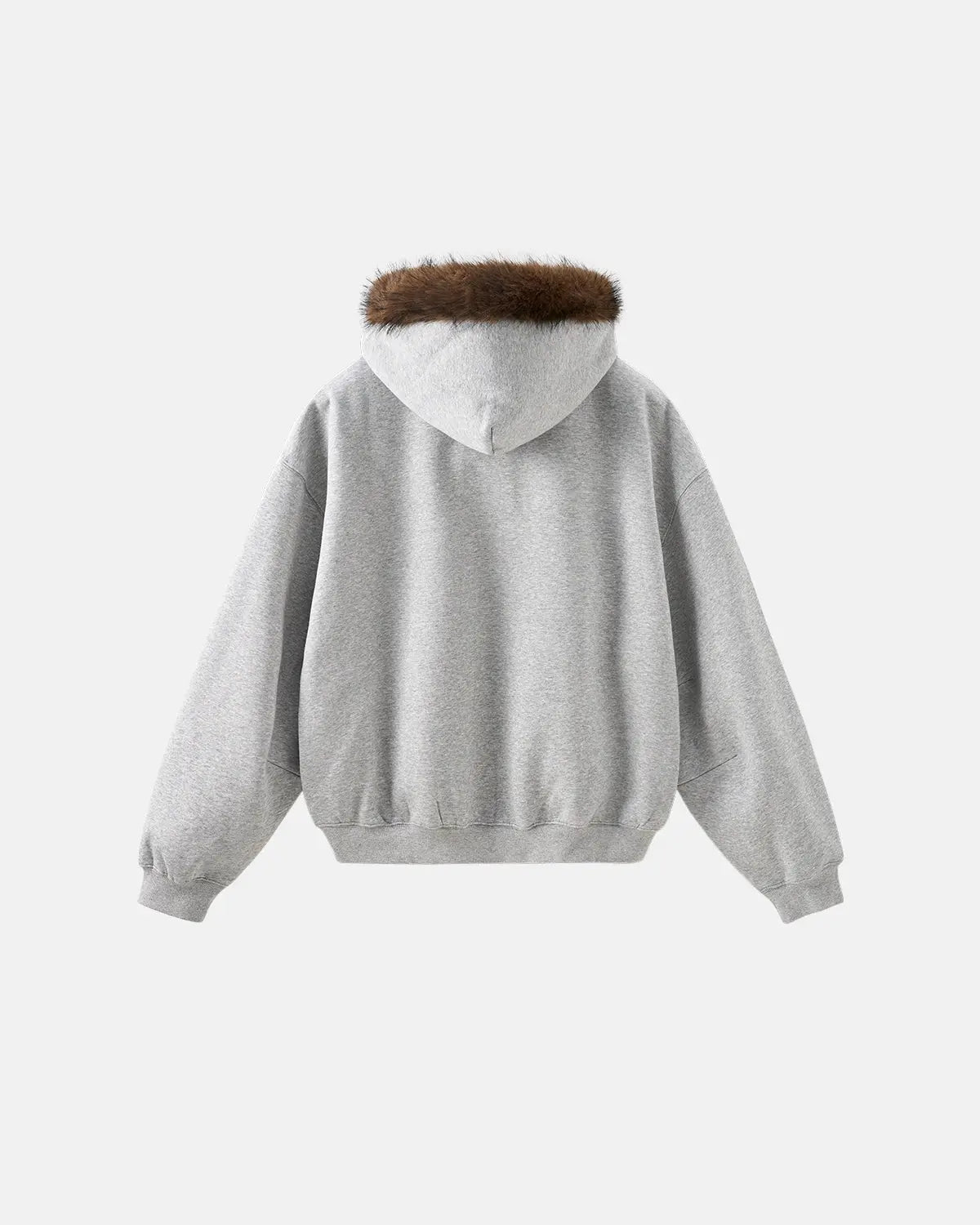 Inflation Streetwear faux fur collar zip-up hoodie jacket featuring a cozy faux fur-lined hood and stylish design.
