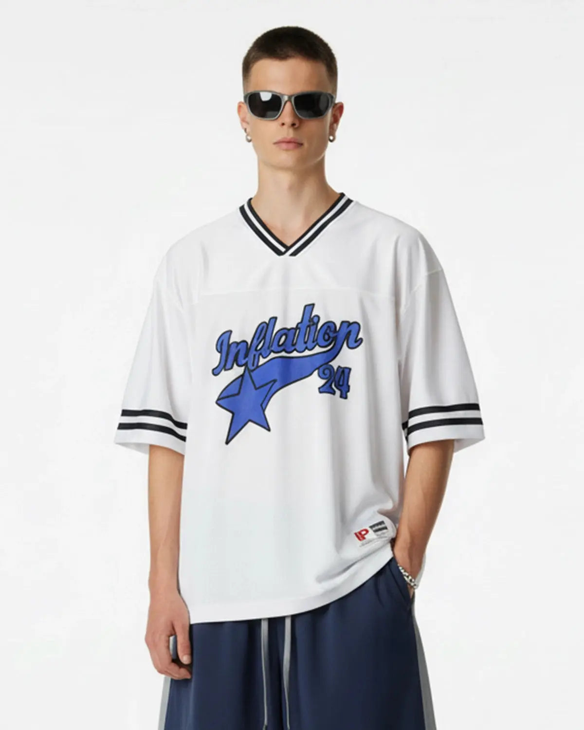 Inflation Streetwear mesh patchwork printing jersey, featuring a vibrant mix of colors and patterns on lightweight fabric.
