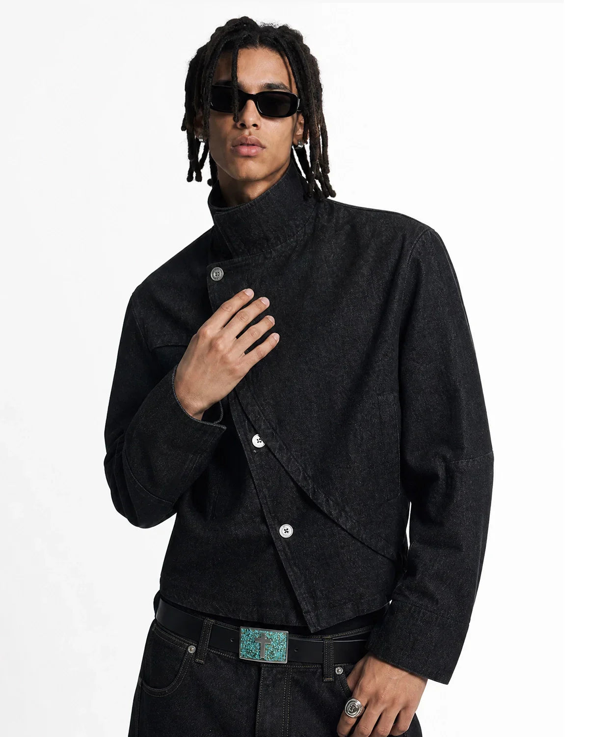 Inflation Streetwear cropped asymmetric denim jacket with button details, showcasing a stylish, modern design in classic blue denim.
