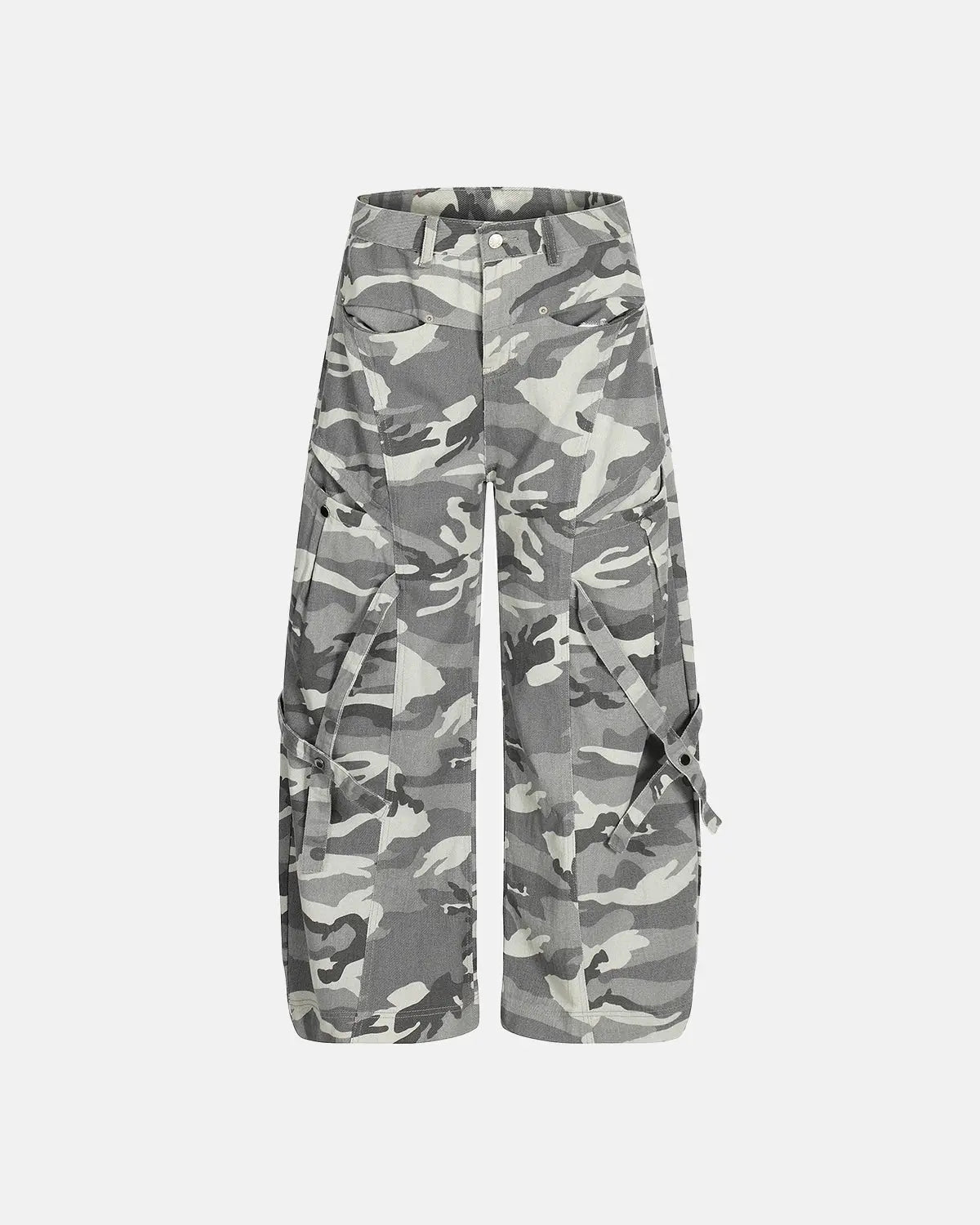 Camouflage cargo pants with multiple pockets by INFLATION, featuring a relaxed fit and streetwear style.