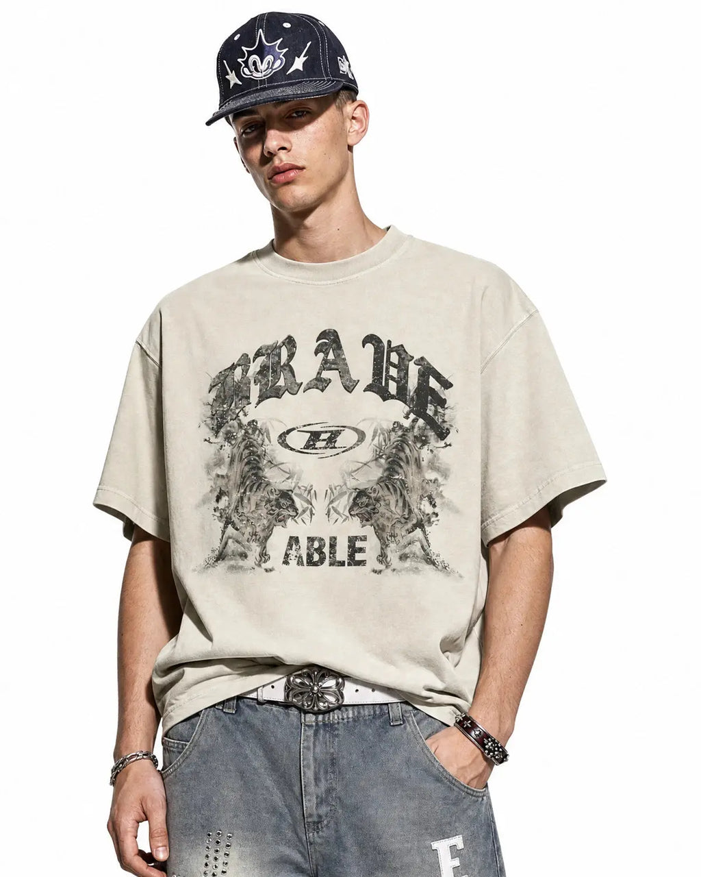Graphic washed vintage oversized T-shirt by INFLATION with distressed design, casual streetwear style, and relaxed fit.