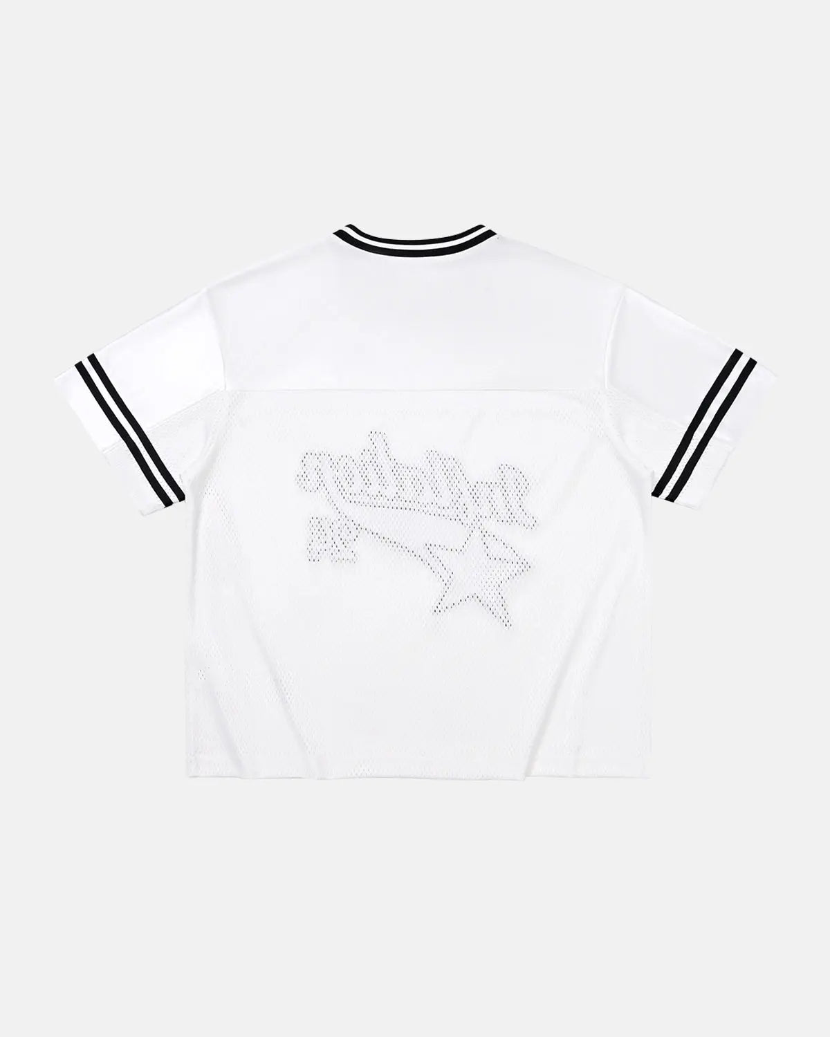 Inflation Streetwear mesh patchwork printing jersey featuring intricate design and lightweight fabric, ideal for casual street style.