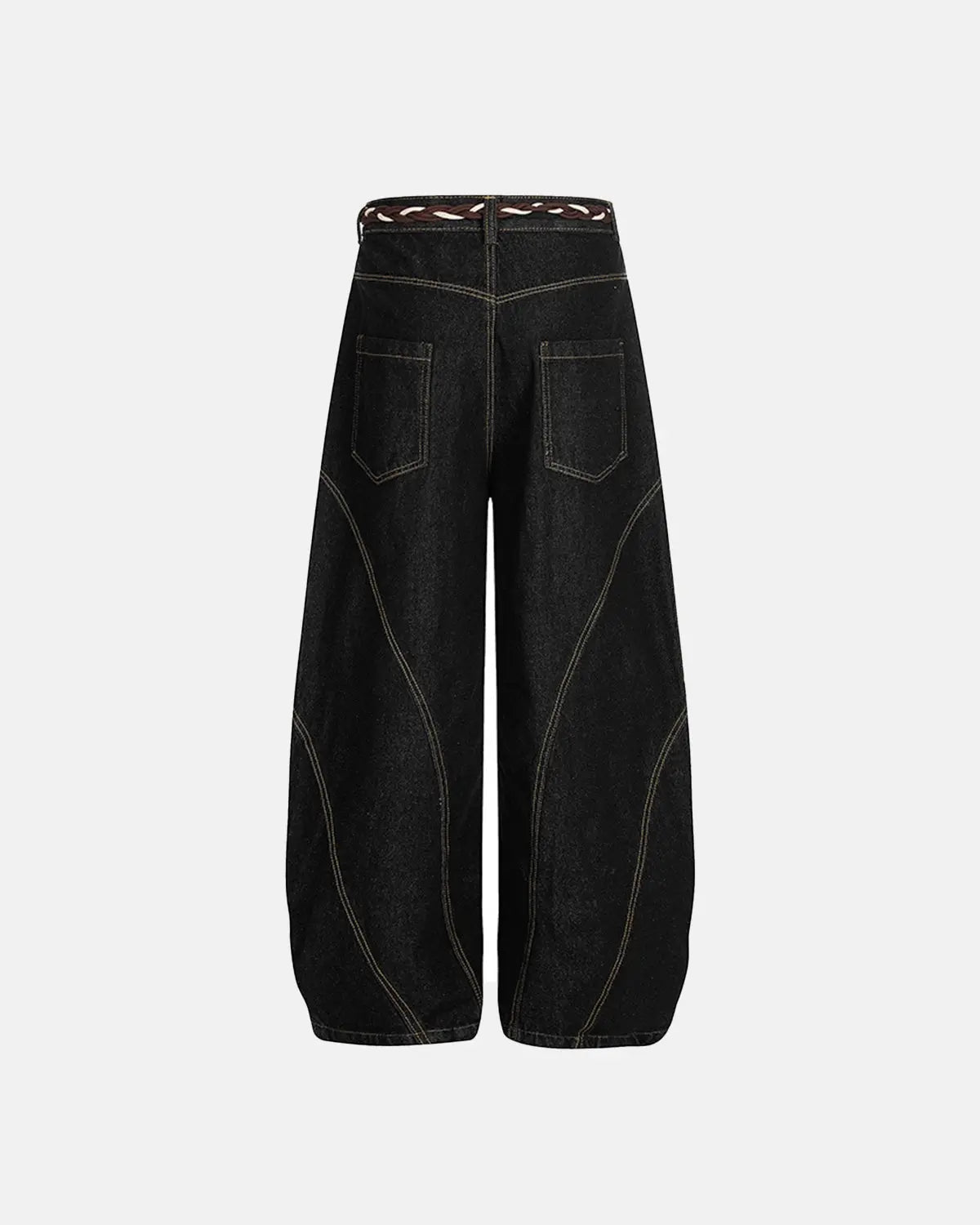 Acid wash stitching baggy jeans by INFLATION with relaxed fit and distressed detailing, displayed on a neutral background.