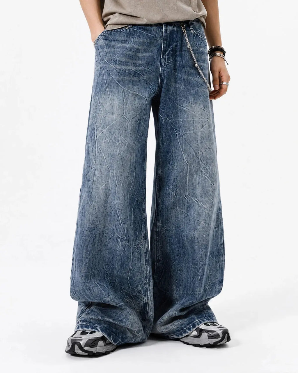Inflation Streetwear textured wash baggy jeans with relaxed fit and faded denim appearance, featuring a stylish, trendy design.