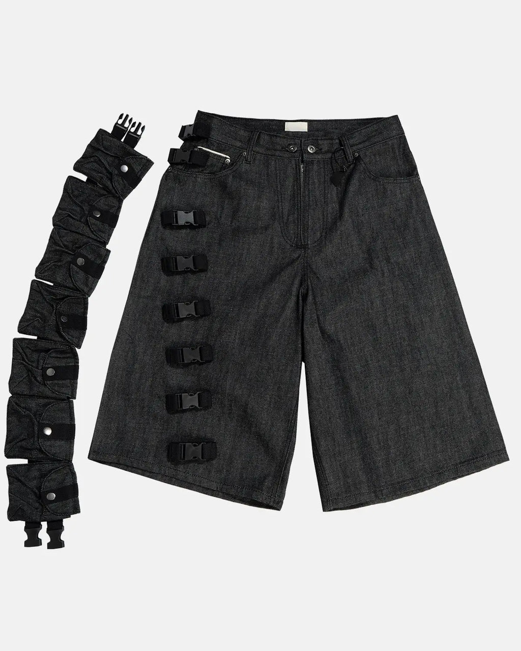 Raw denim tactical cargo jorts by INFLATION, casual men's pants with multiple cargo pockets and distressed denim details.