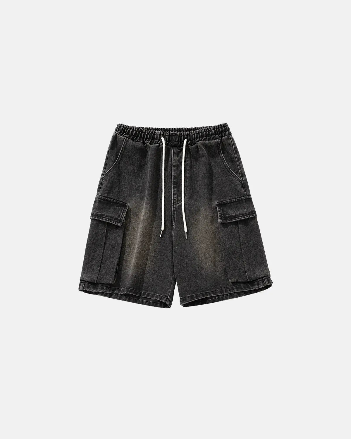 Inflation washed denim cargo shorts with drawstring, casual streetwear pants featuring multiple pockets and a relaxed fit.