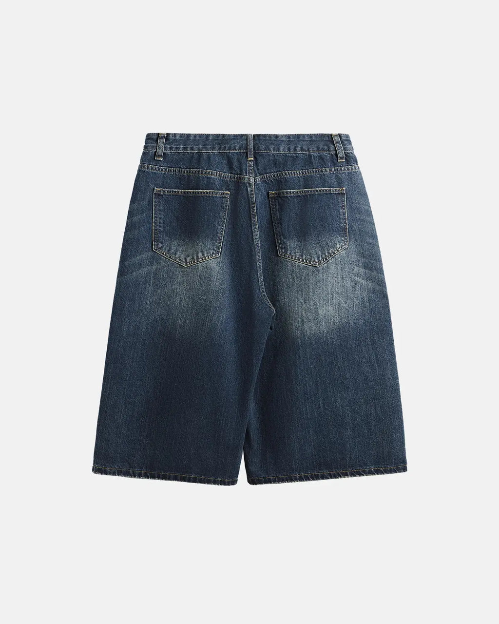 Acid washed longline baggy denim jorts by INFLATION, featuring distressed look and relaxed fit, displayed on a hanger.