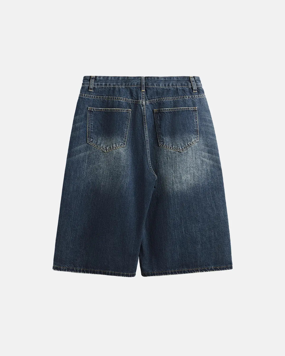 Acid washed longline baggy denim jorts by INFLATION, featuring distressed look and relaxed fit, displayed on a hanger.