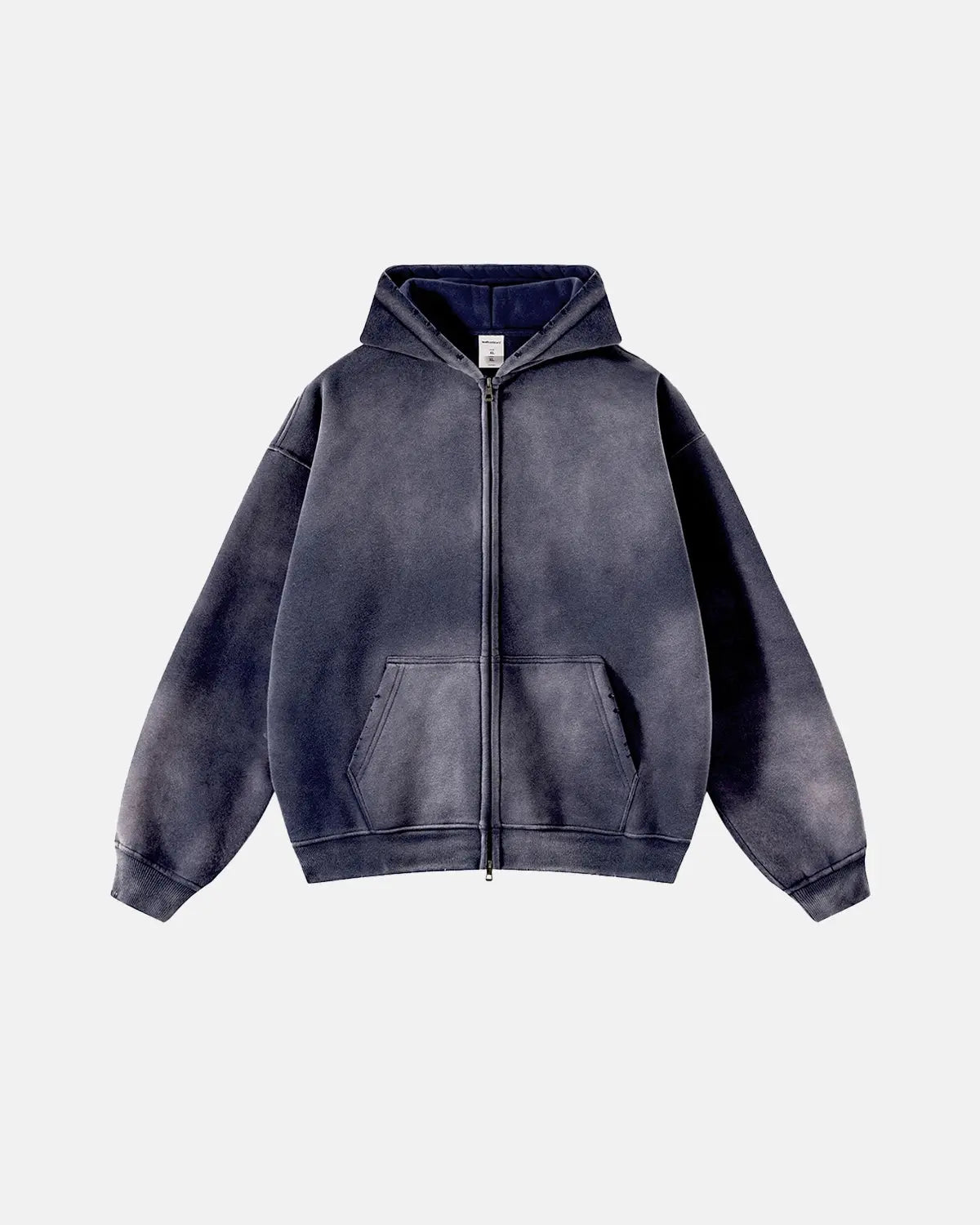 Inflation Monkey Wash zip-up hooded jacket in blue with front pockets and adjustable drawstrings, casual and comfortable outdoor wear.