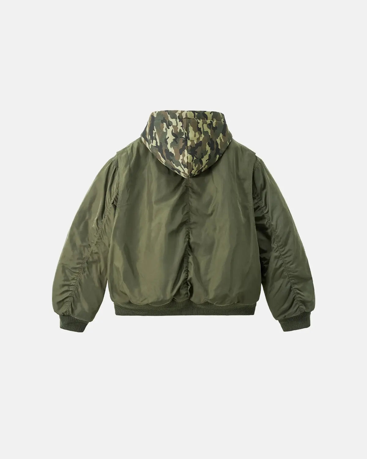 Detachable layered camo bomber jacket by INFLATION featuring a green camouflage pattern and a stylish, modern streetwear design.