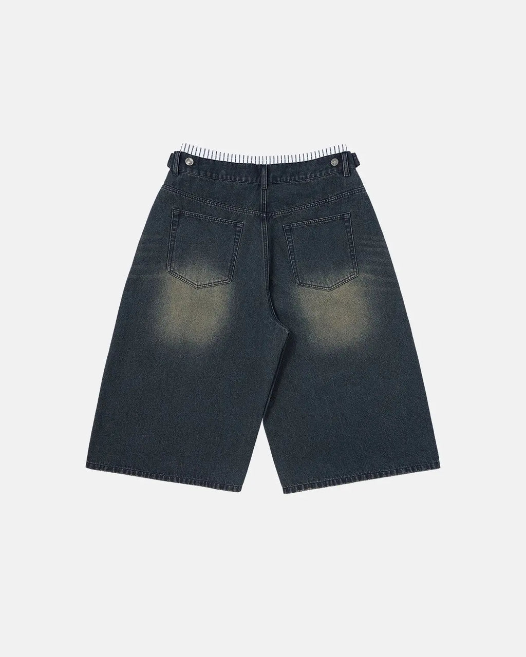 Inflation brand double waist baggy jorts jeans with a relaxed fit and distressed denim look, styled for streetwear fashion.