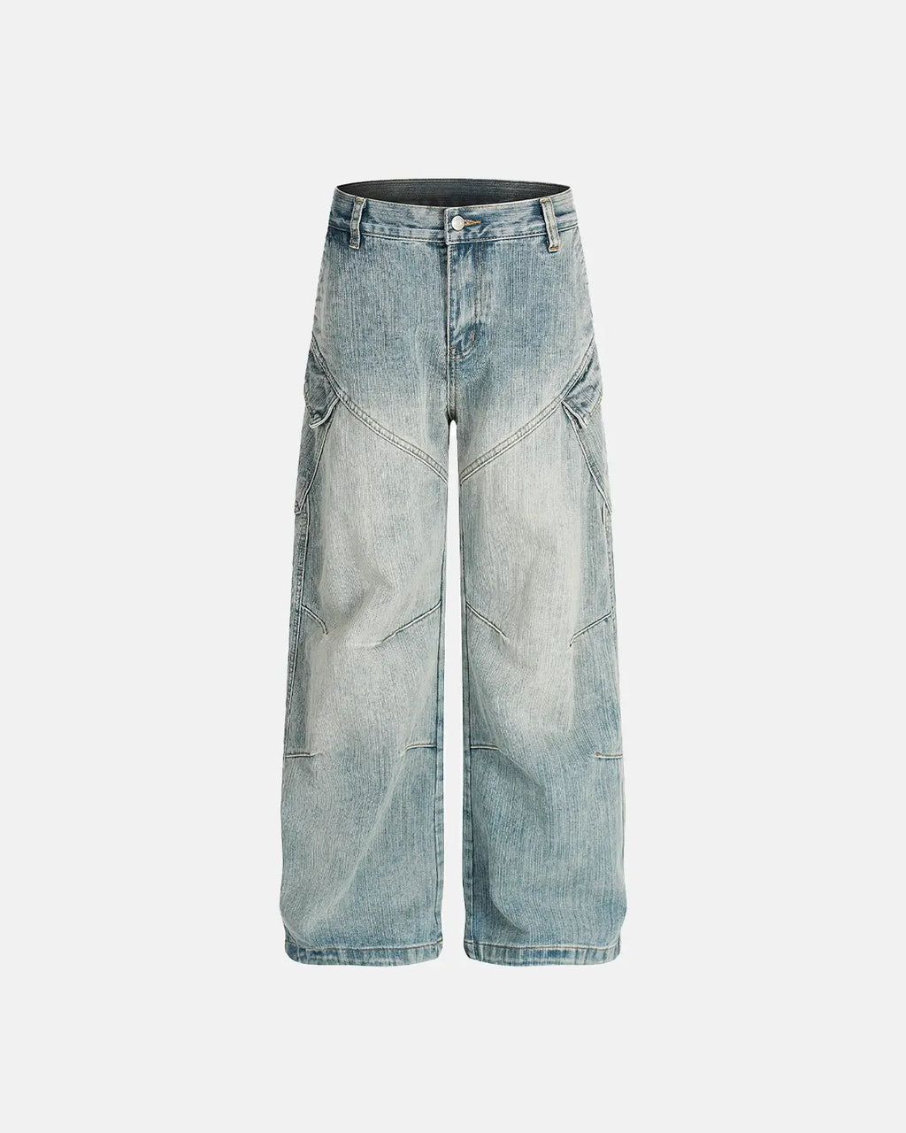Inflation Stitching Bamboo Weave Baggy Jeans with relaxed fit, showcasing detailed bamboo-style stitching and casual streetwear style.