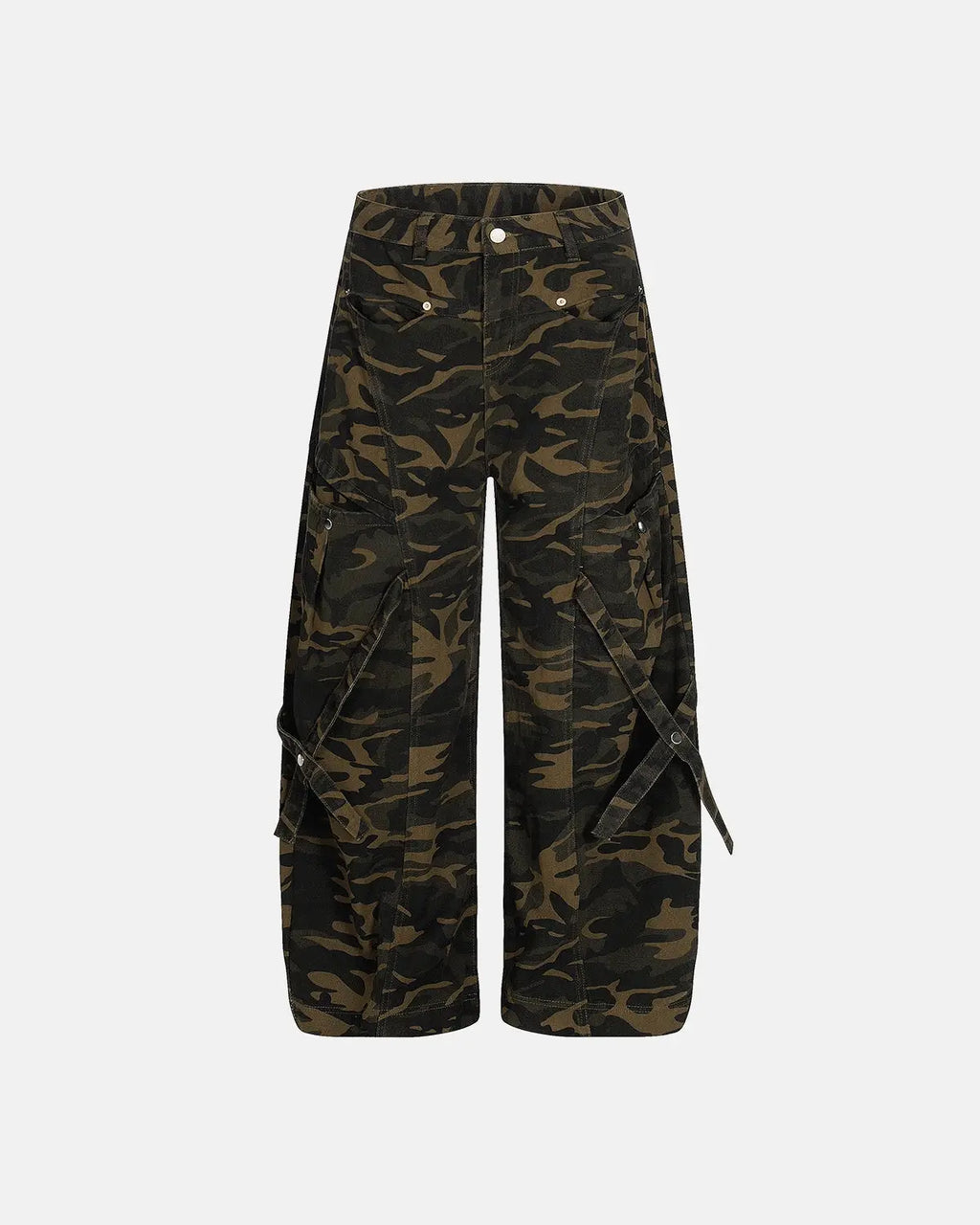 Inflation Multi-Pockets Barrel Camouflage Cargo Pants with multiple side and back pockets, rugged streetwear style in camouflage print.