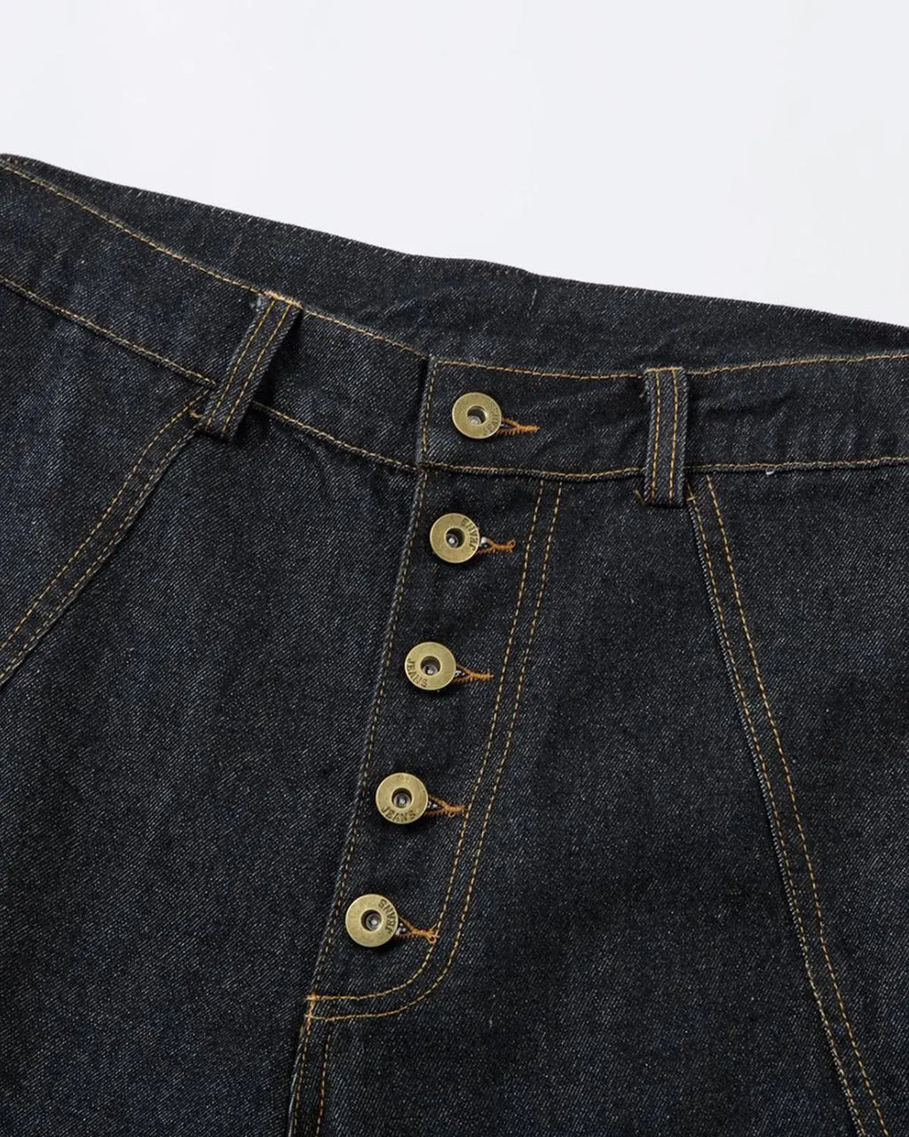Inflation Stitching Button Up Baggy Jeans with detailed stitching, relaxed fit, and classic denim look.