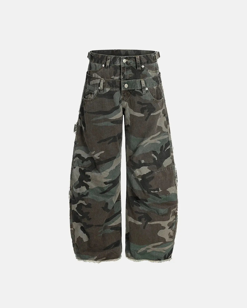 Double waist camo cargo pants by INFLATION featuring a streetwear style with multiple pockets and a relaxed fit.