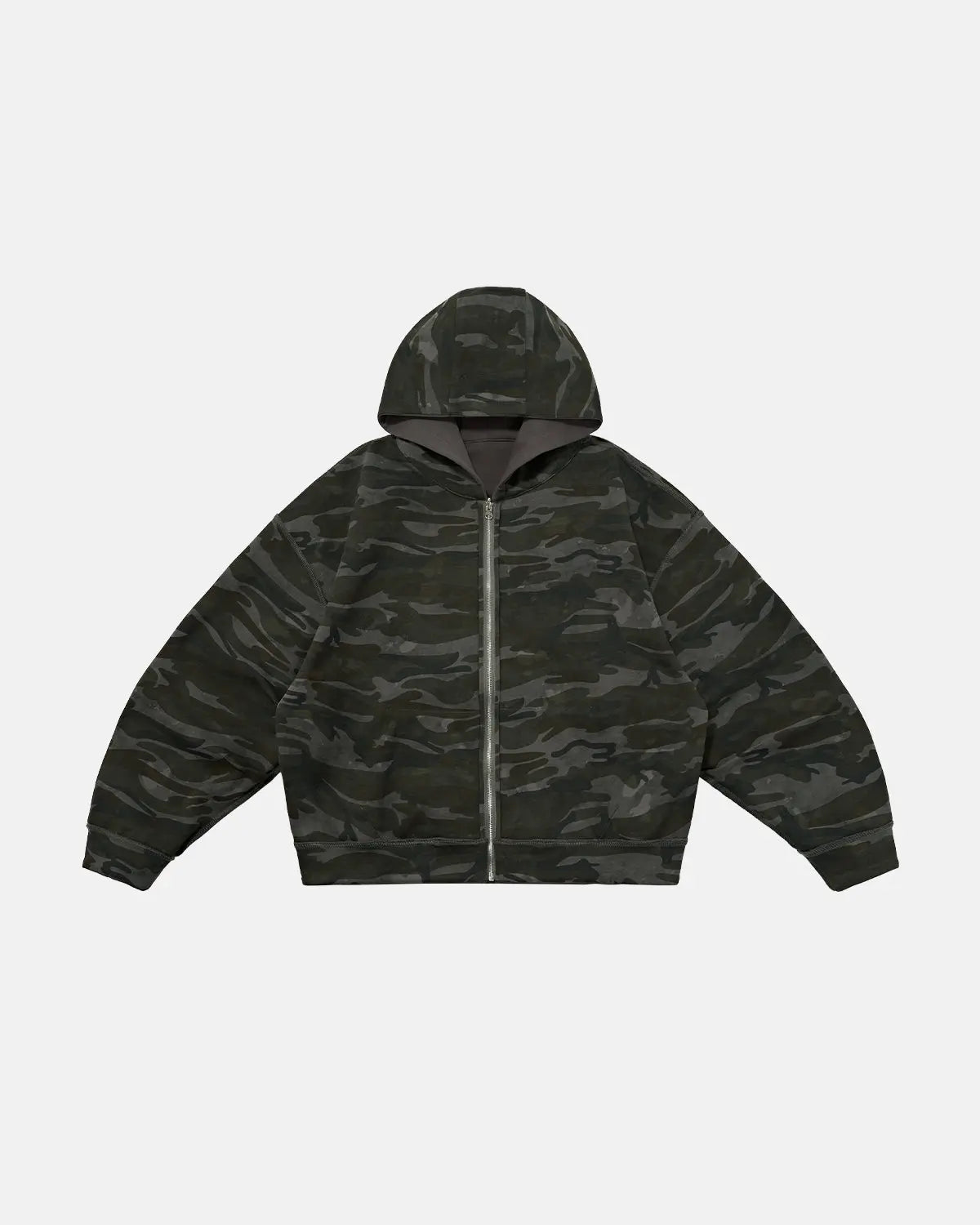 Reversible camouflage zip-up jacket by Inflation Streetwear, showing both camo and solid side with front zipper and hood detail.