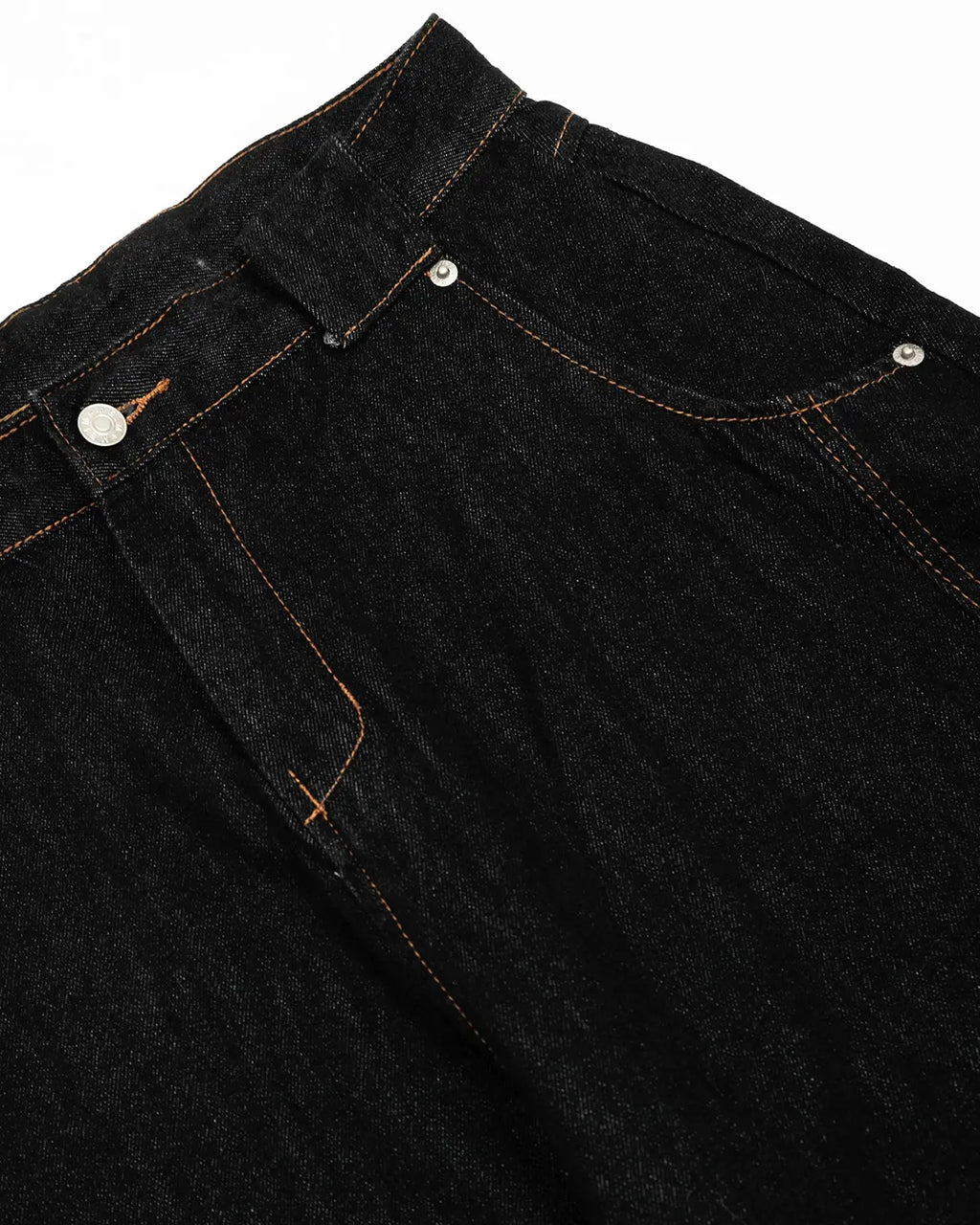 Inflation Contrast Stitch Raw Baggy Jeans showing distressed denim with contrast stitching and a relaxed, baggy fit.