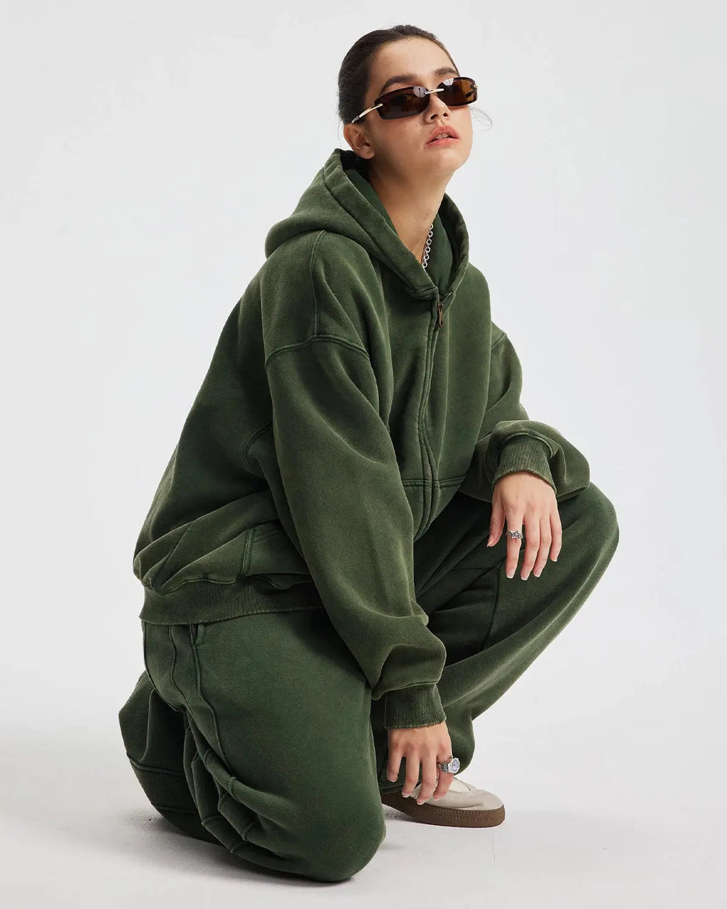 Inflation streetwear boxy fit acid washed fleece zip-up hoodie with a relaxed fit and front zipper, shown on a model.