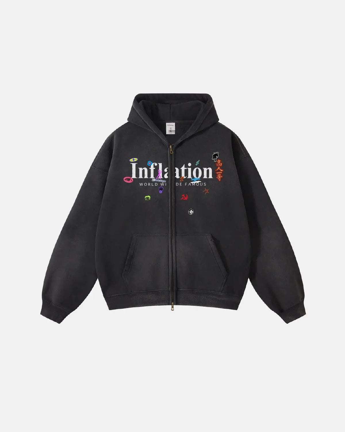 Inflation Streetwear graphic acid washed zip-up hoodie with a casual fit and stylish design, perfect for streetwear fashion.