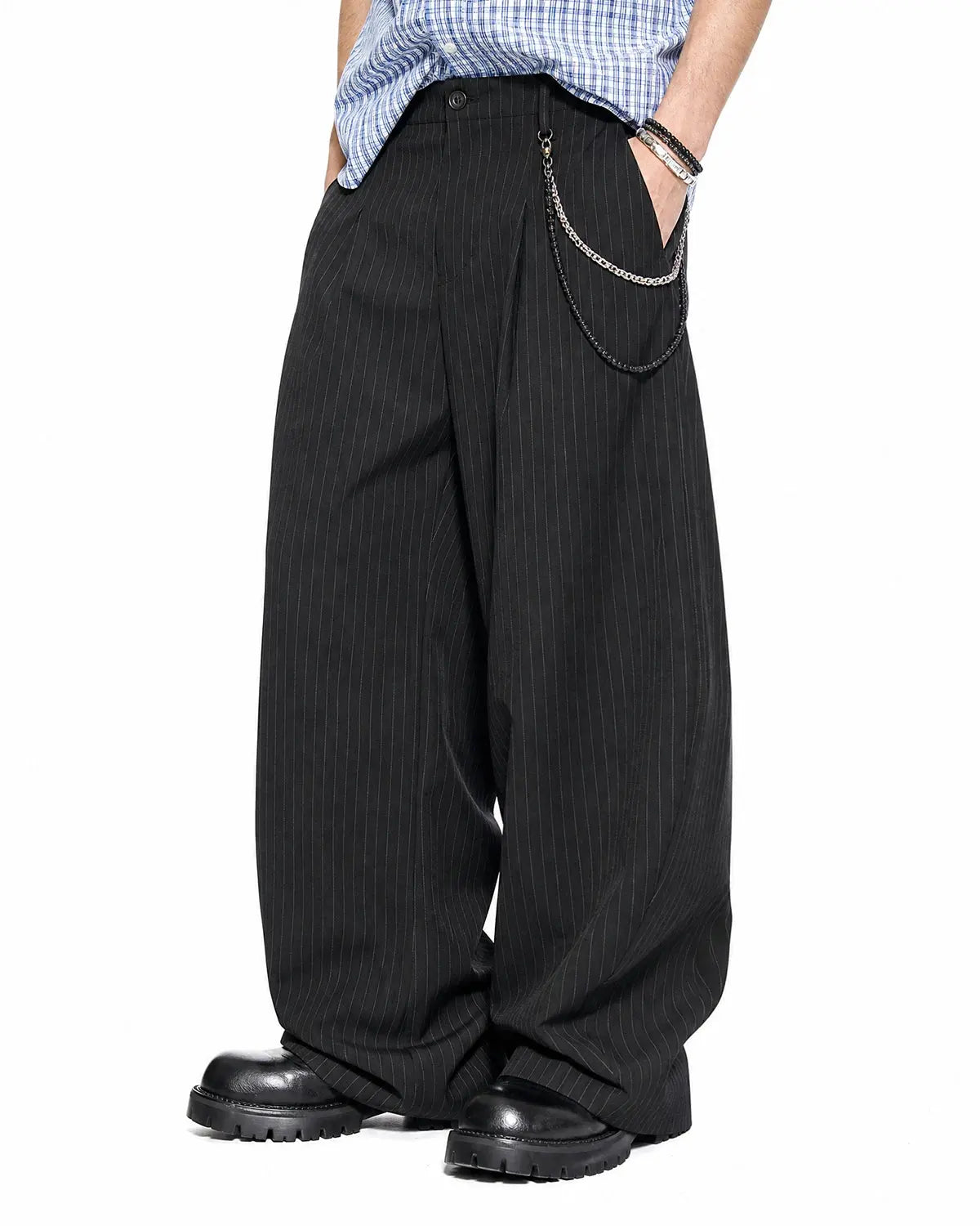 Inflation streetwear pinstripe pleated barrel pants with tailored fit and stylish design, featuring a modern, high-quality fabric finish.