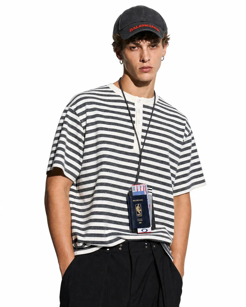 Inflation Streetwear striped Henley relaxed T-shirt in casual fit with vertical blue and white stripes, displayed on a hanger.