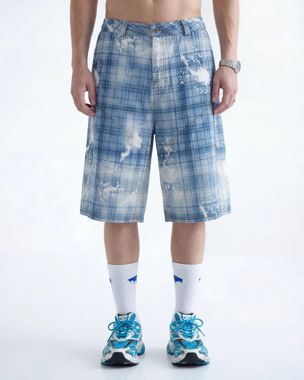 Inflation Streetwear Tencel washed plaid print longline shorts, casual pants with a relaxed fit and stylish plaid pattern.