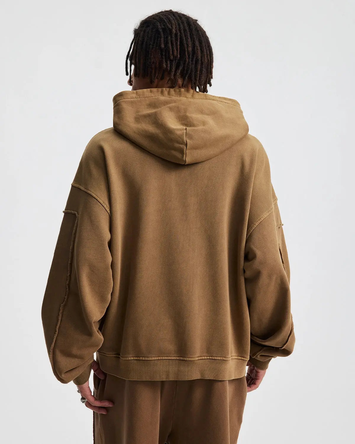 Inflation Streetwear acid wash zip-up hoodie with stitching details, featuring a stylish hood and casual fit.