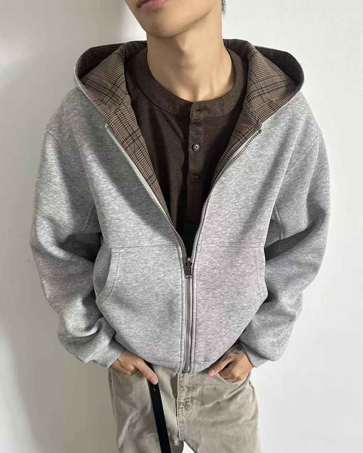 Yellow plaid reversible zip-up hoodie by INFLATION Streetwear, showing front view with hood and vibrant checkered pattern.