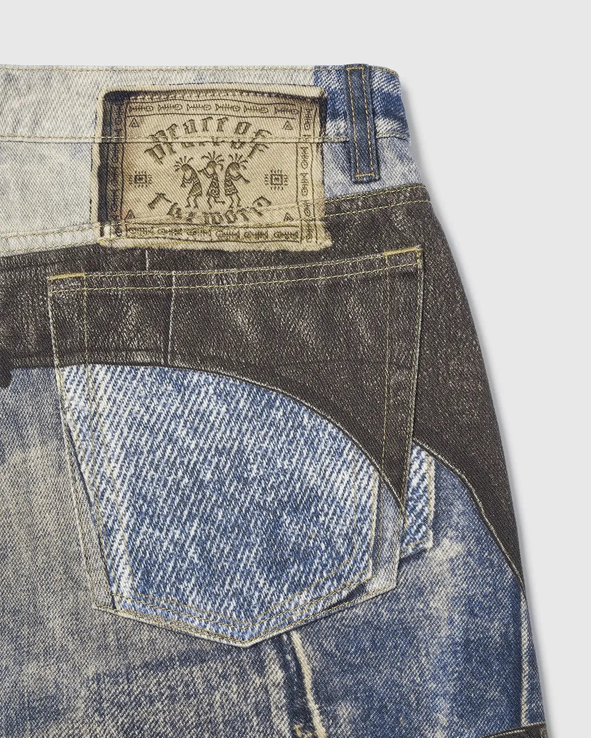 Colorblock digital printing cotton jeans by INFLATION featuring a stylish streetwear design and vibrant colorblock pattern.