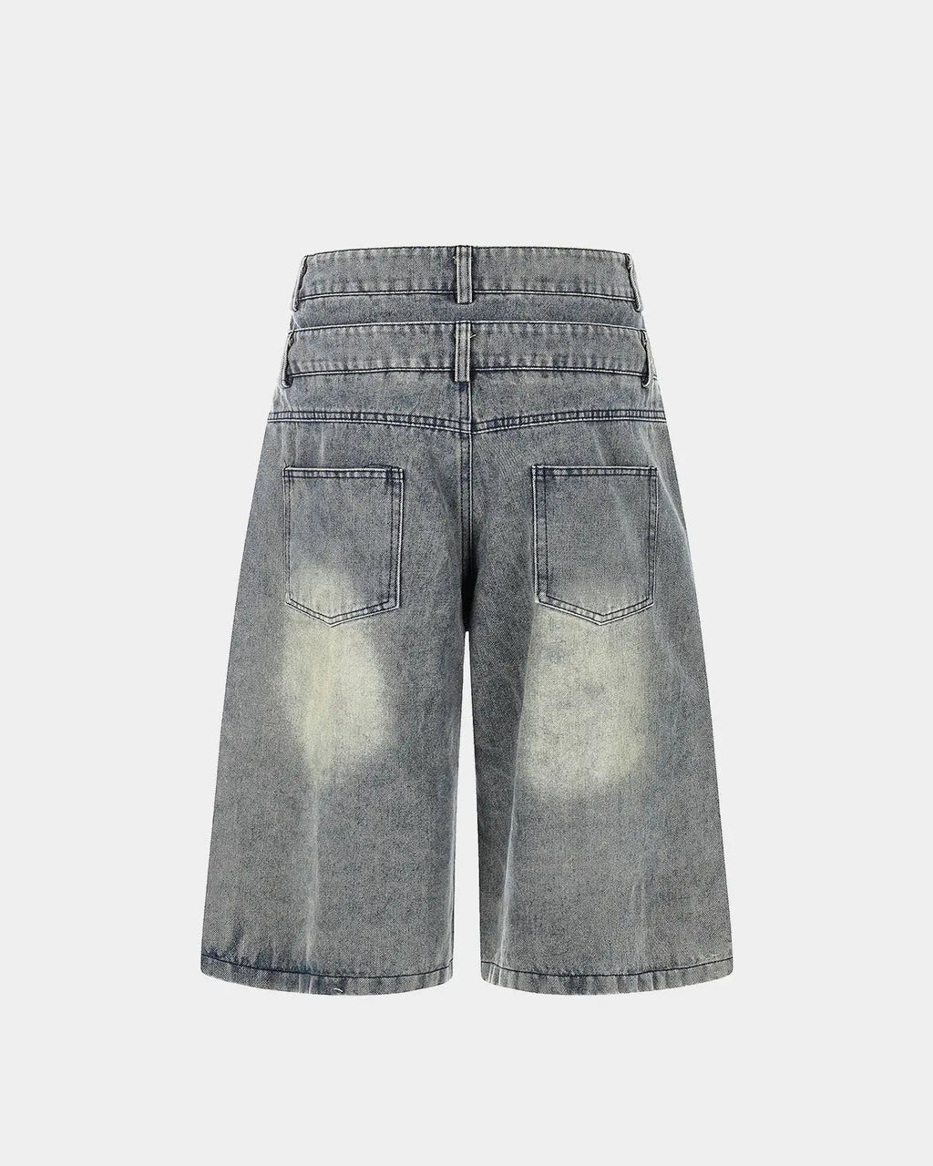Inflation Rhinestone Cross double waist denim jorts, stylish streetwear pants with rhinestone embellishments and distressed details.