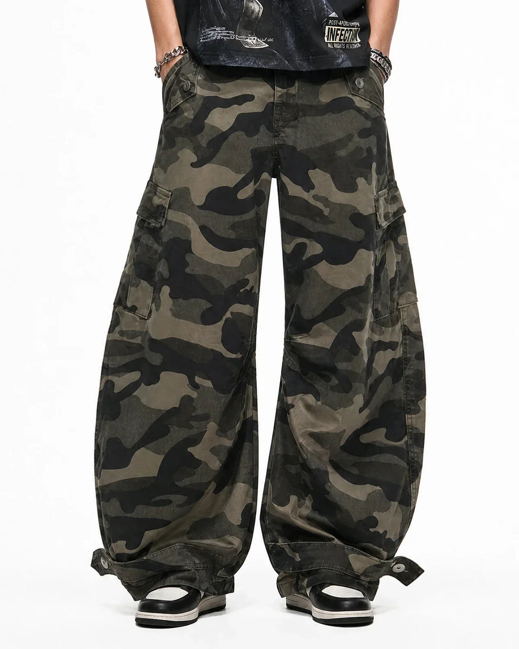 Inflation Multi-pockets Camo Barrel Cargo Pants with multiple front and side pockets, camouflage pattern, and relaxed streetwear style.