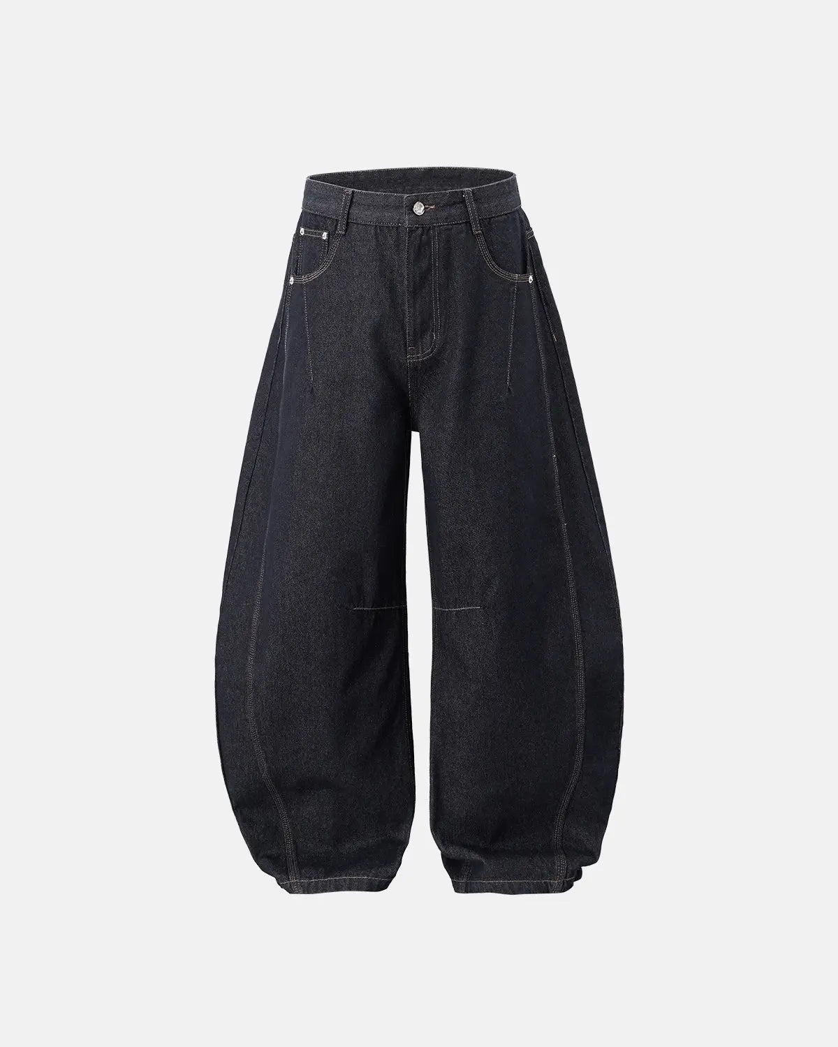 INFLATION Raw Color Barrel Baggy Jeans, casual pants with a relaxed fit and raw hem, displayed on a white background.