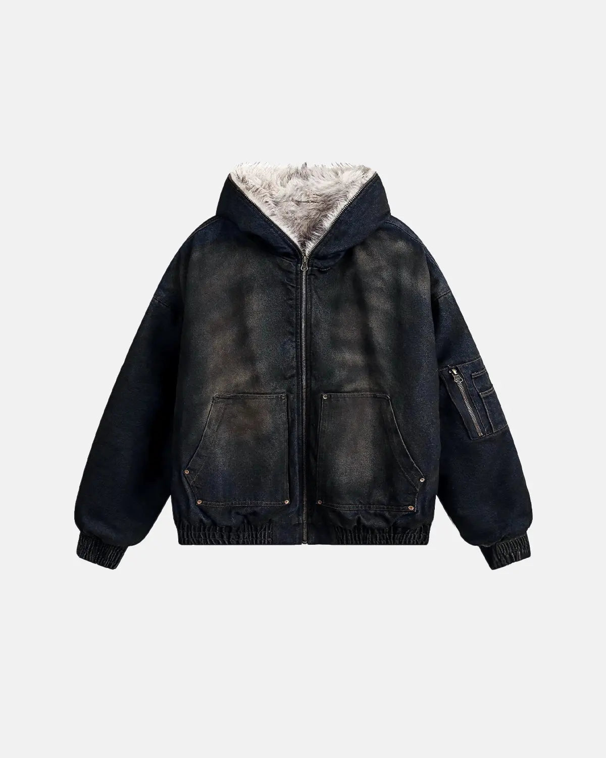 Inflation streetwear faux fur lined acid wash bomber jacket with ribbed cuffs and collar, showcasing a stylish, casual design.
