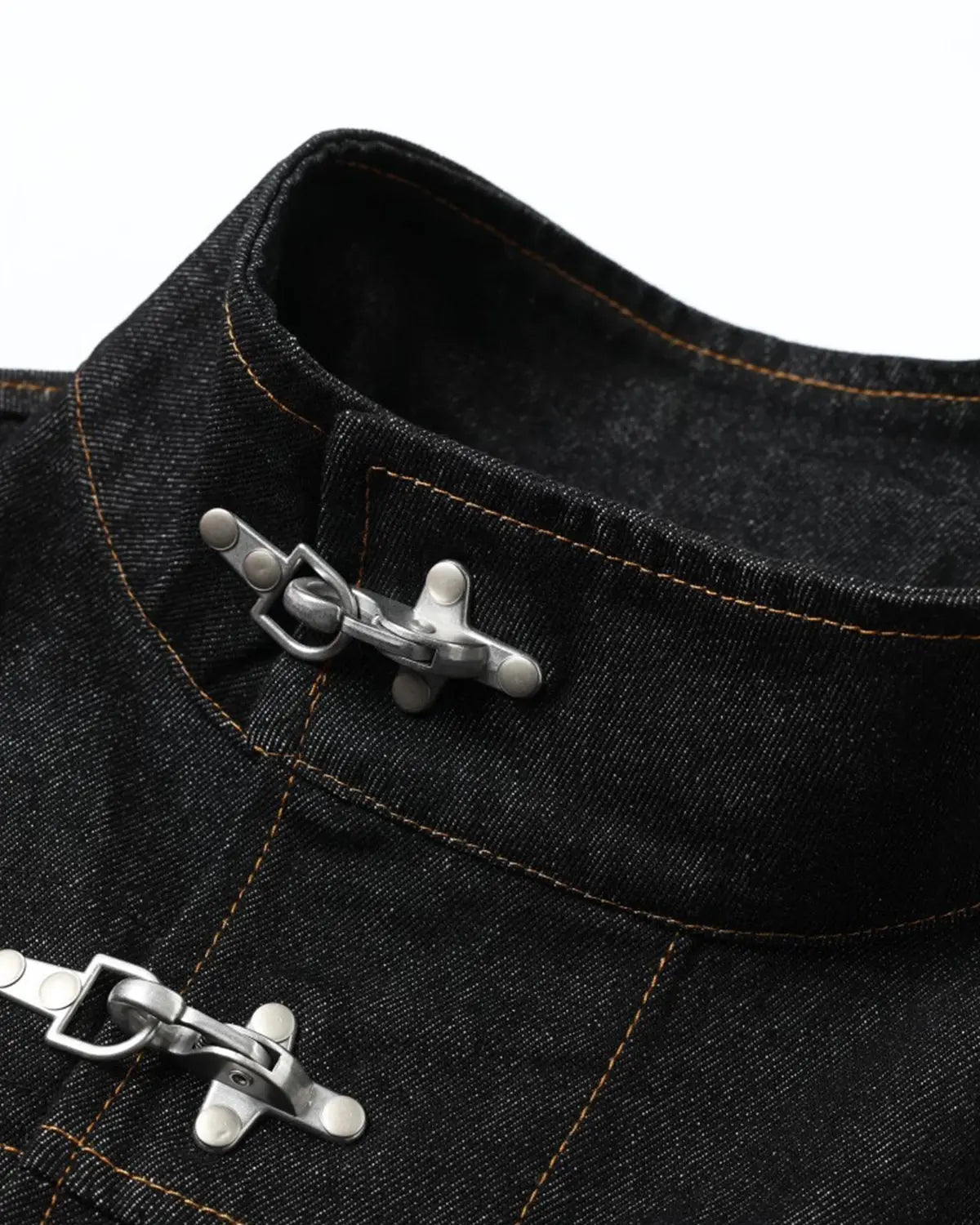 Metal toggle raw denim jacket by INFLATION Streetwear featuring a classic raw denim design with metal button toggles.