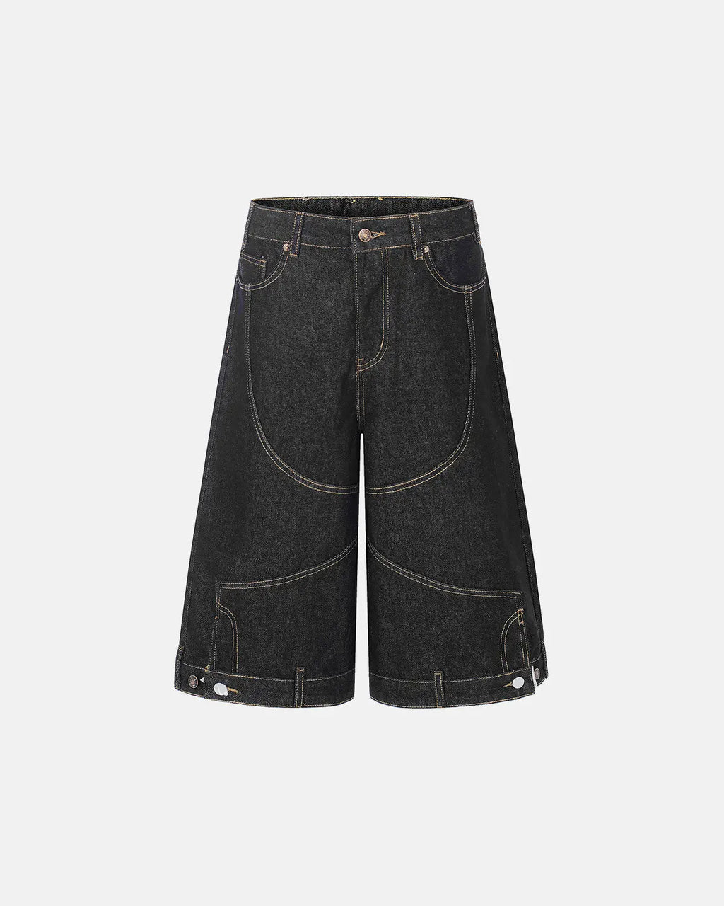 Deconstructed raw denim jorts by INFLATION, casual streetwear pants with distressed, unfinished hem and rugged denim texture.