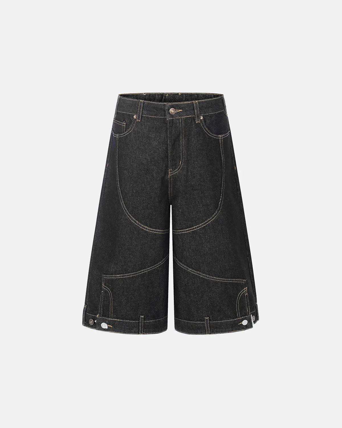 Deconstructed raw denim jorts by INFLATION, casual streetwear pants with distressed, unfinished hem and rugged denim texture.