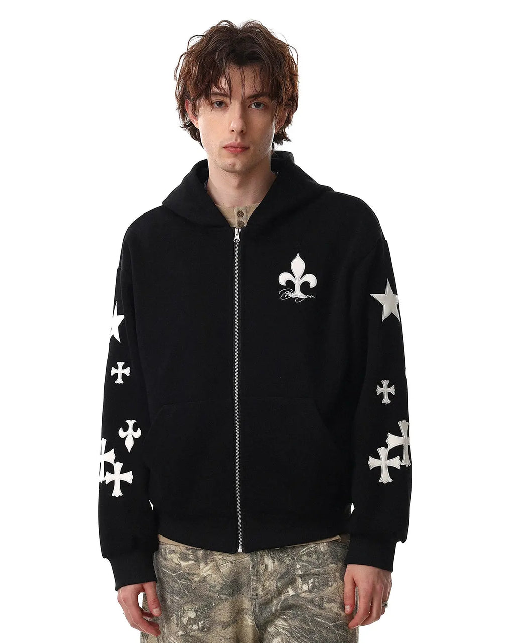 Inflation Streetwear Cross PU Patch Embroidery Zip Up Hoodie featuring bold patch design and casual streetwear style.