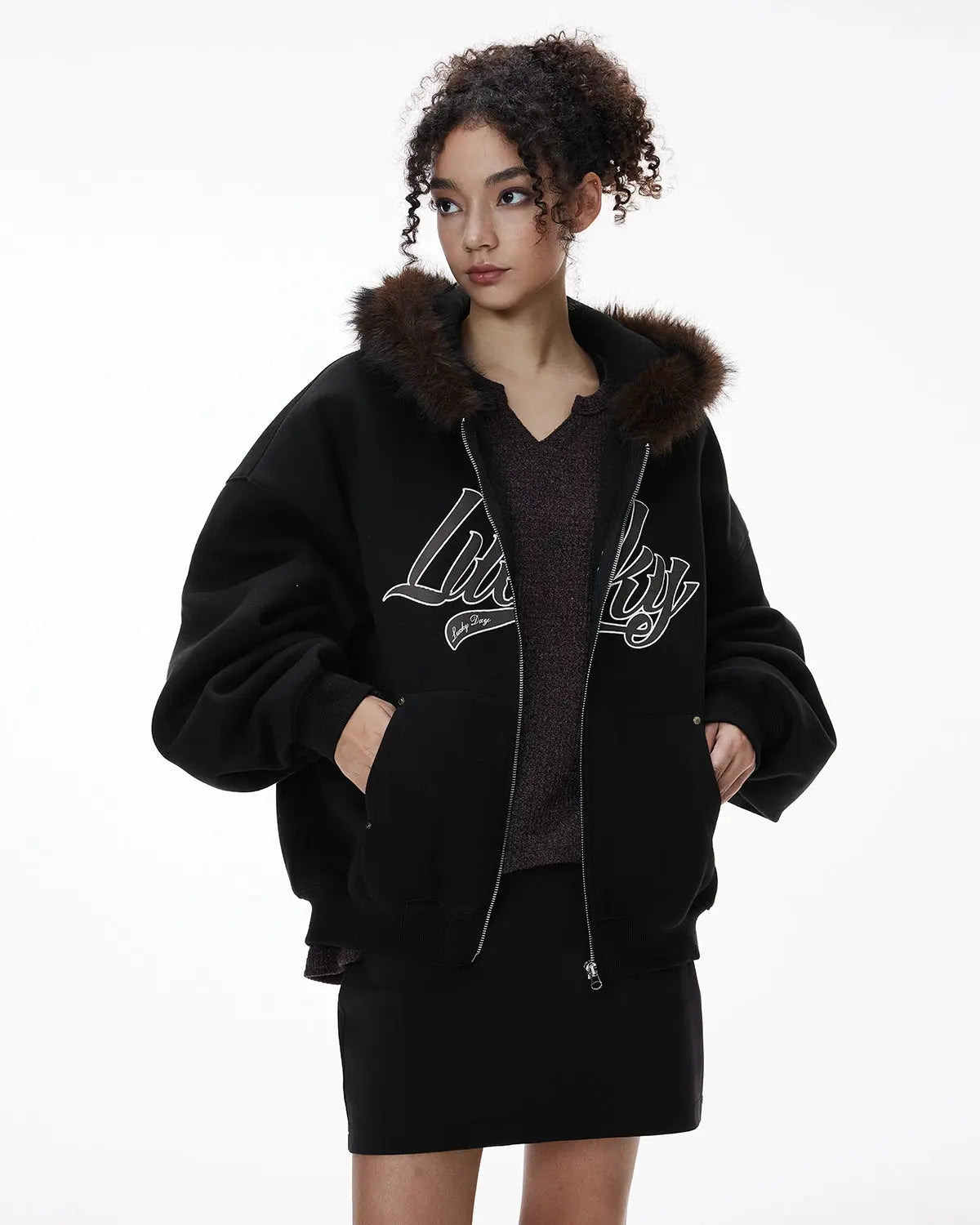 Inflation streetwear faux fur collar zip-up hoodie jacket featuring a cozy fur-lined hood and casual fit.