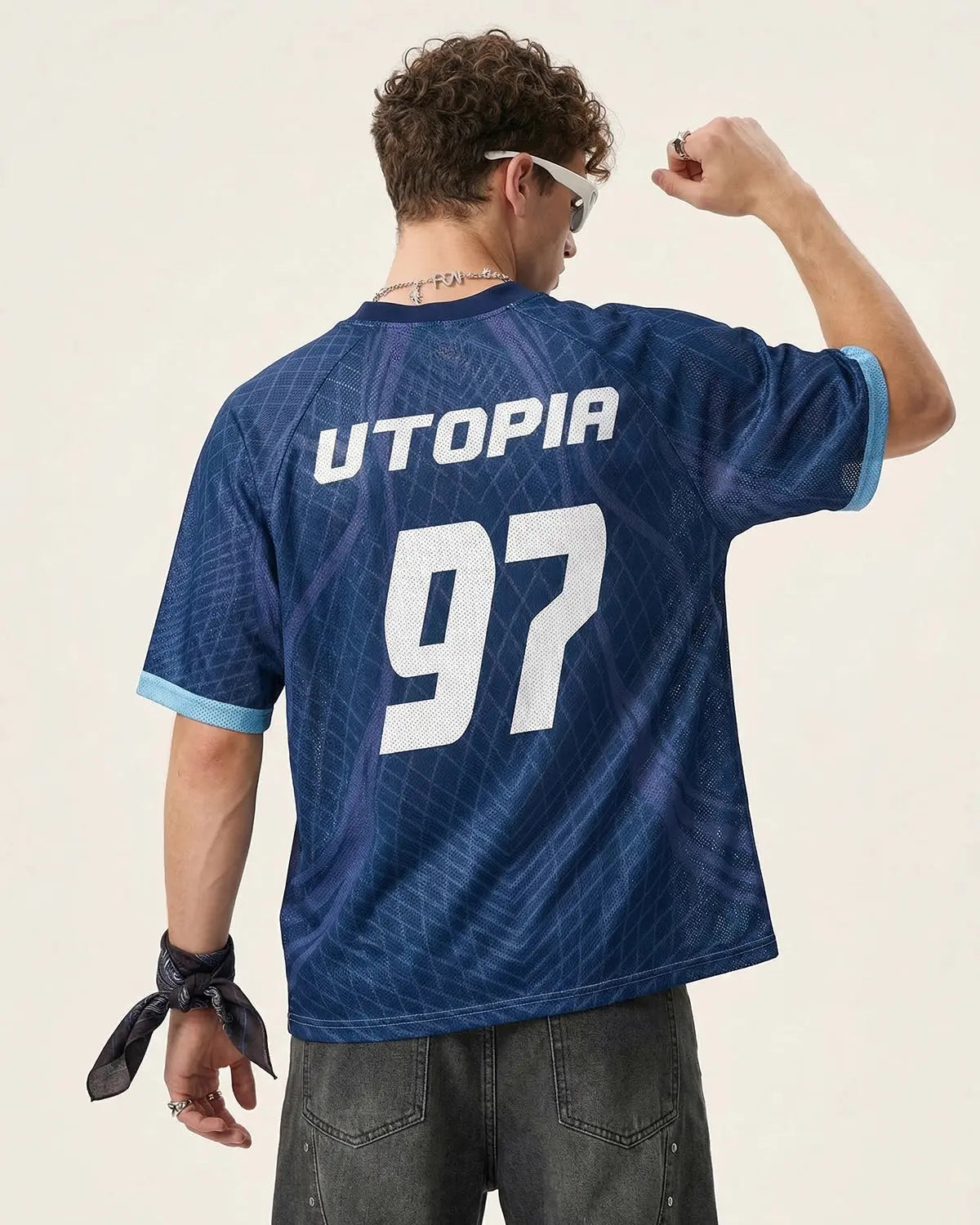 Inflation streetwear geometric pattern mesh jersey t-shirt featuring a modern, stylish mesh fabric design.