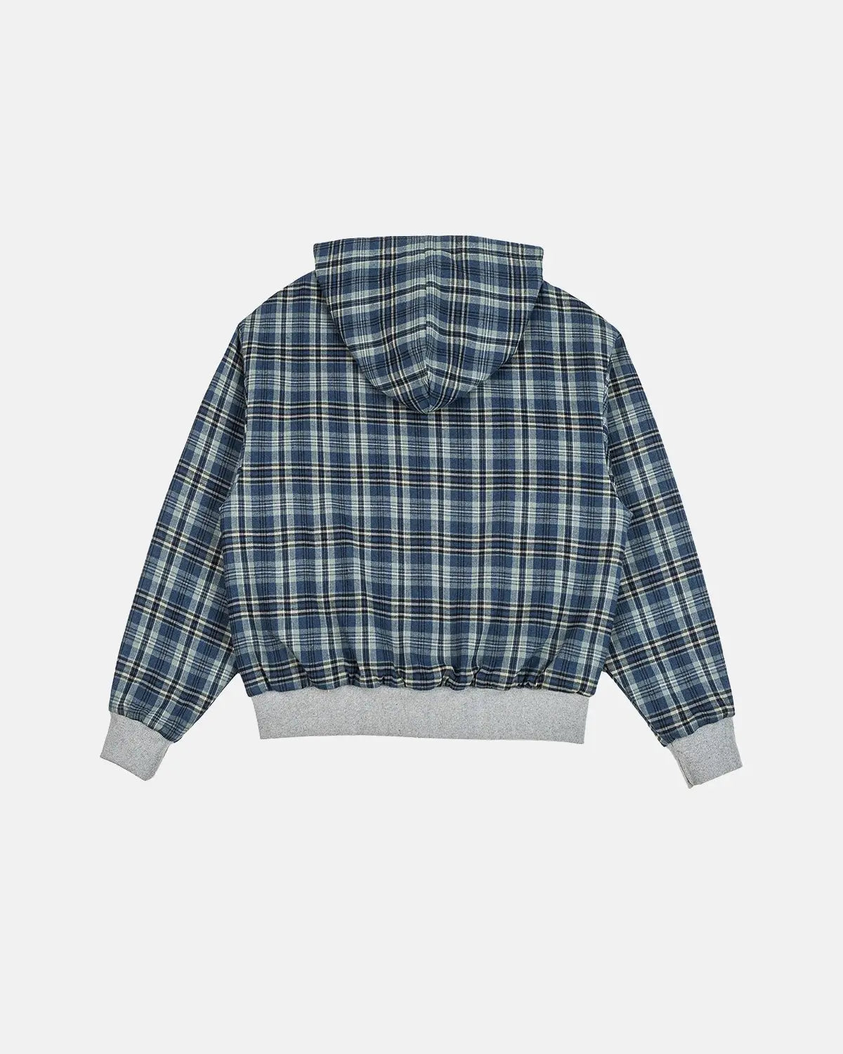 Reversible plaid cropped hoodie from INFLATION Streetwear with bold checkered pattern and casual fit, shown in black and white plaid.
